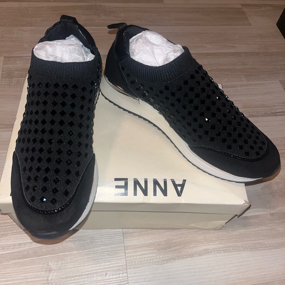 Anne Klein Black Women’s Rhinestone Diamond Embellished Slip-On Sneakers BNIB